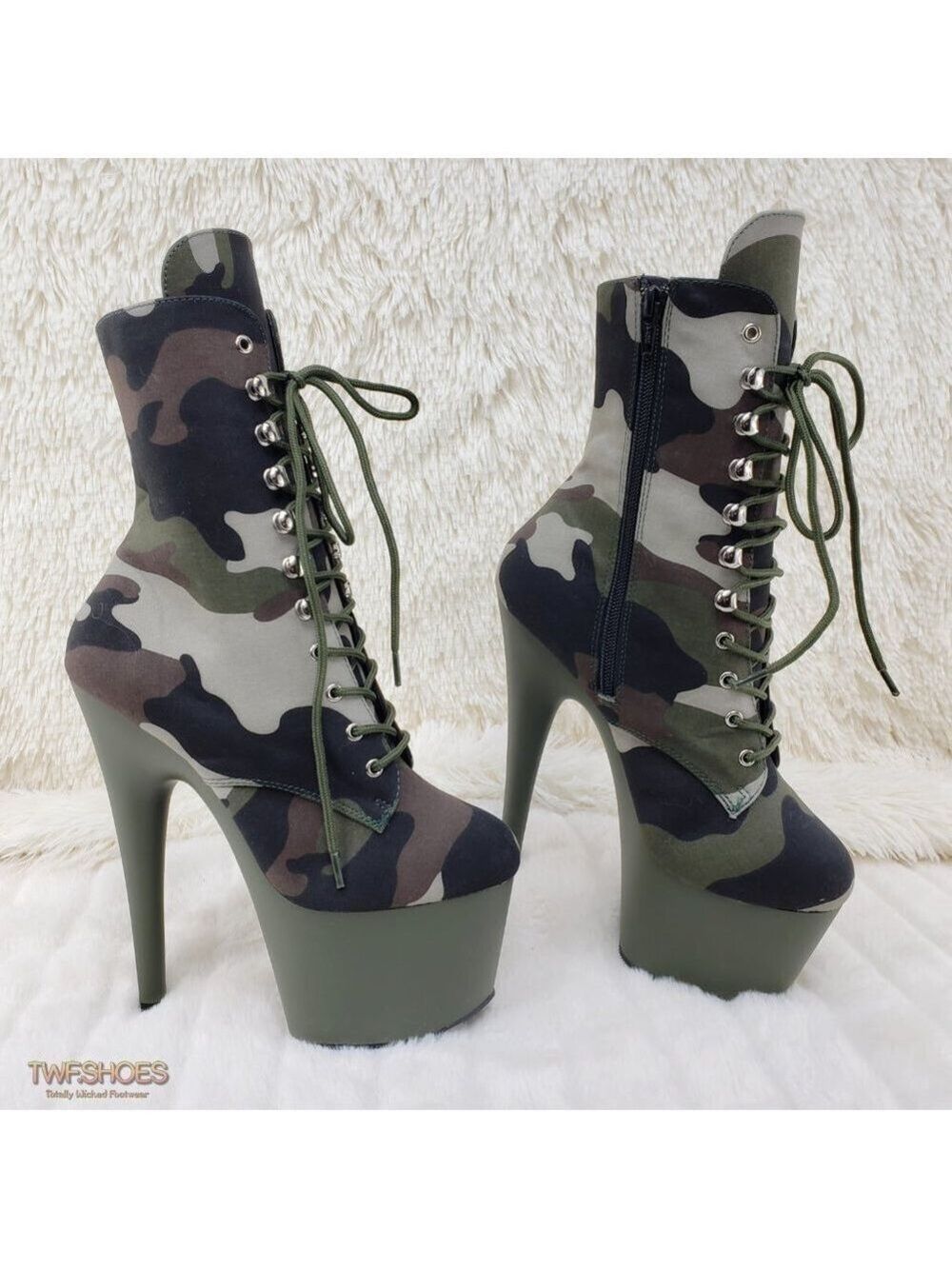 Army Green Canvas Camo Sexy 7" High Heel Ankle Boots 1020 CAMO Platform Heels